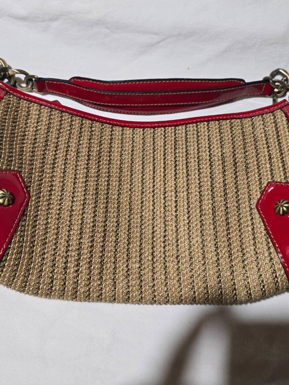 Eric Javits Gold Woven Shoulder Bag Red Patent Trim Chain Strap Purse VINTAGE